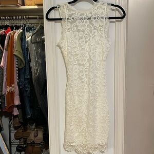 Stretchy White lace dress for bridal party or bachelorette party.